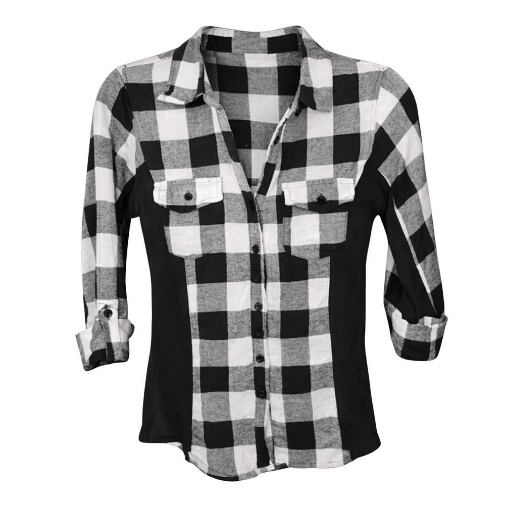 Womens‎ Black White Plaid Roll Tab Sleeves Black Knit Sides